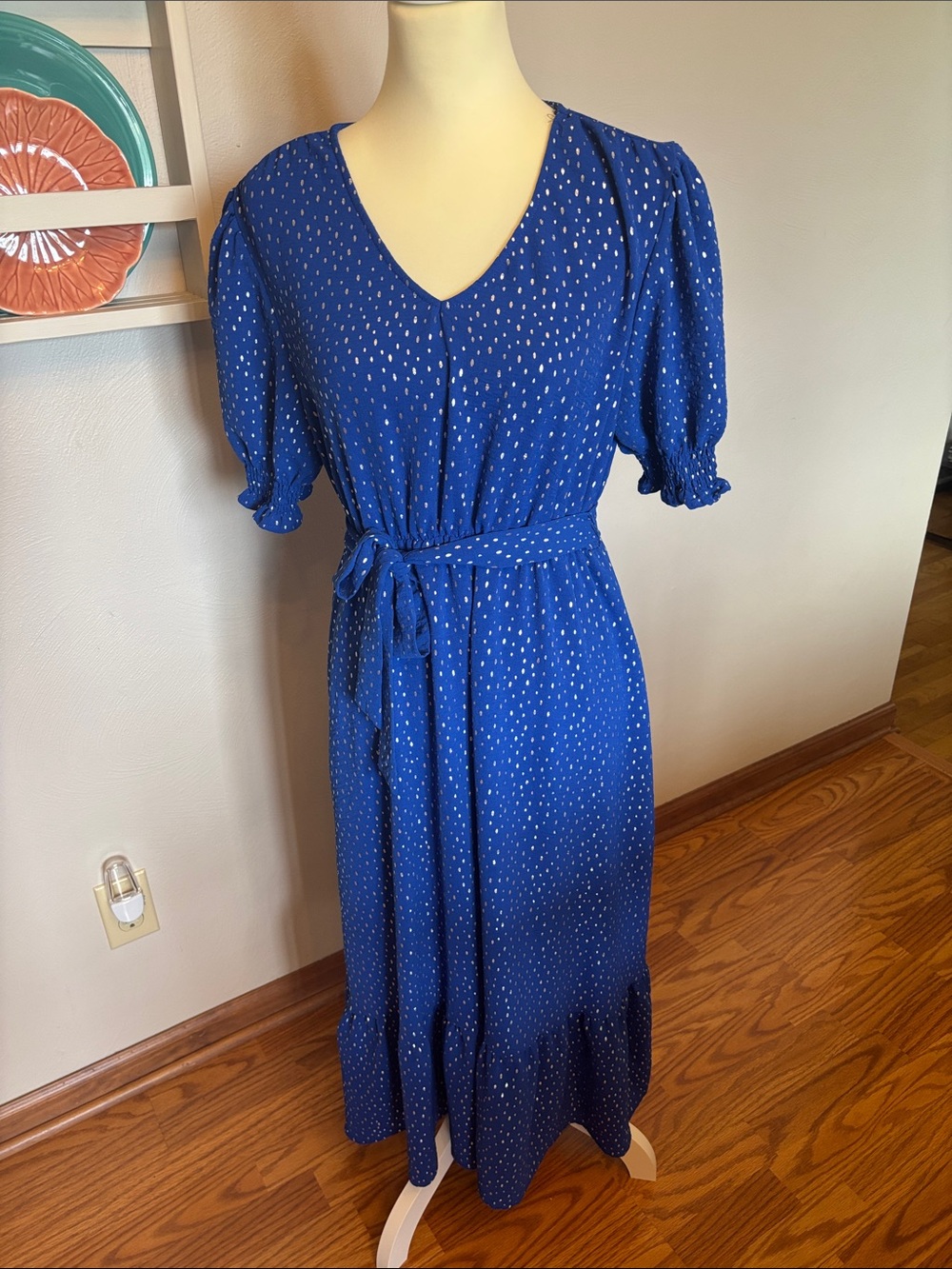 Emily Daniel Royal Blue V-Neck Metallic Silver Dot Midi Dress, large